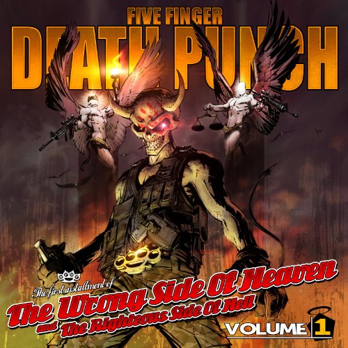 Album cover featuring a skeletal figure with angel wings and guns, dark background.