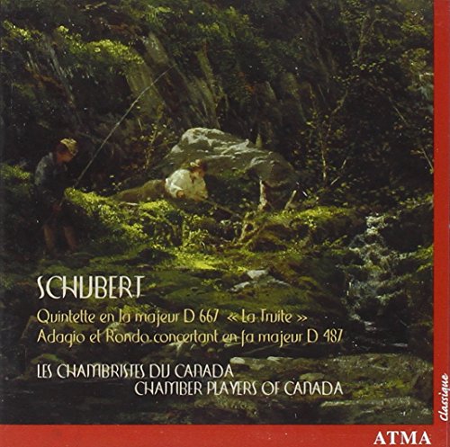 "CD cover featuring a serene forest scene with two men fishing, red border."