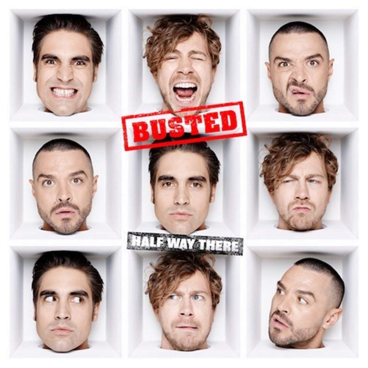"Busted album cover with nine band members' faces in white boxes, varied expressions."