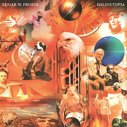 "Album cover with surreal collage of images in orange tones, featuring various figures and animals."