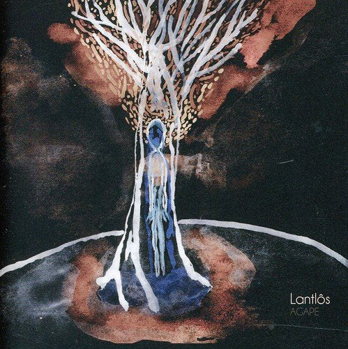An abstract watercolor painting of a person surrounded by a tree on a black background.