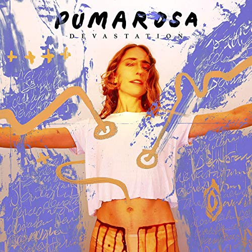 Woman in white top and striped pants, arms outstretched, surrounded by abstract purple and orange design.