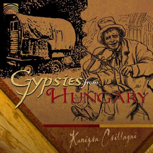 "CD cover with a man playing violin, caravan in the background, sepia-toned illustration."