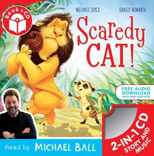 "Children's book cover featuring a cartoon lion and meercat in a jungle setting."