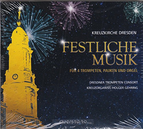 "CD cover with yellow tower, fireworks, and 'Festliche Musik' text on dark background."