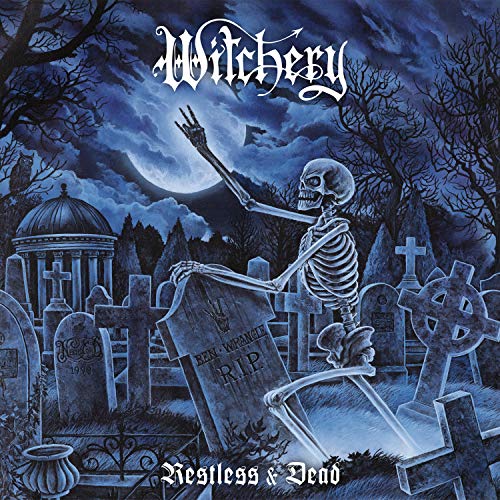 "Witchery album cover featuring a skeleton rising from a grave in a dark cemetery."