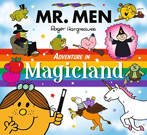 "Colourful children's book cover featuring Mr. Men characters, witches, and a unicorn against a rainbow background."