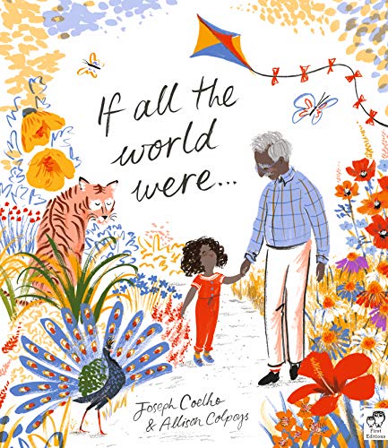 "Children's book cover showing a man and child walking, surrounded by animals and flowers."