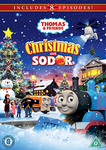 "Thomas the Tank Engine DVD cover featuring winter scene and train characters."