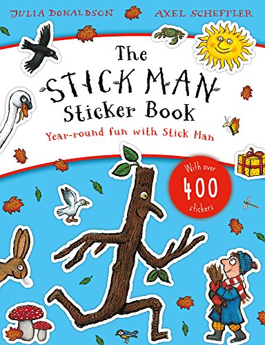 "Children's sticker book cover featuring a stick figure character surrounded by autumn leaves and stickers."