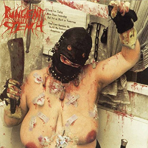 "Vinyl album cover featuring a shirtless man in a black mask, holding a cleaver."