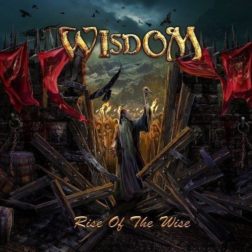 "Album cover art: robed figure standing amidst swords and rubble, with red banners and cloudy sky."