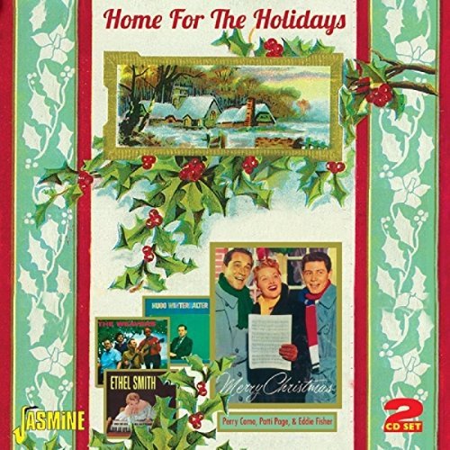 "Christmas music CD cover featuring winter scenes, a family, and red holly decorations."