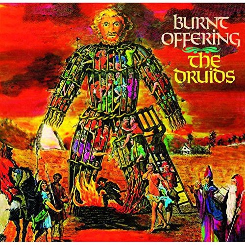 "Album cover with wicker man surrounded by people, red and orange background, 'Burnt Offering' text."