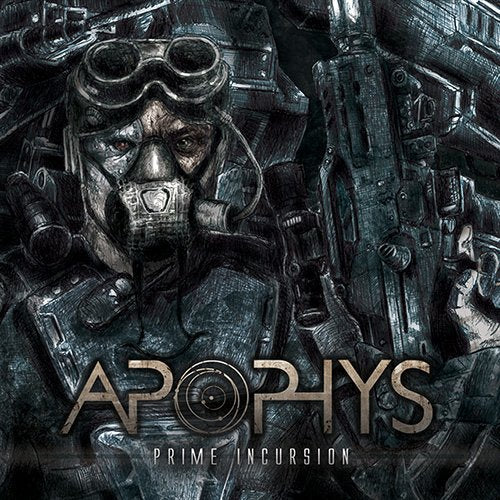 The image shows a CD cover for "Apophys - Prime Incursion" featuring a man in a gas mask. For accessibility purposes, a suitable alt text could be: "CD cover art with a man wearing a gas mask."