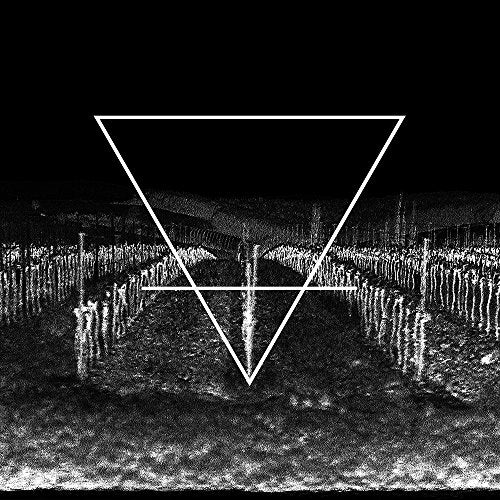 A black-and-white image of a graveyard at night with a white triangle overlay.