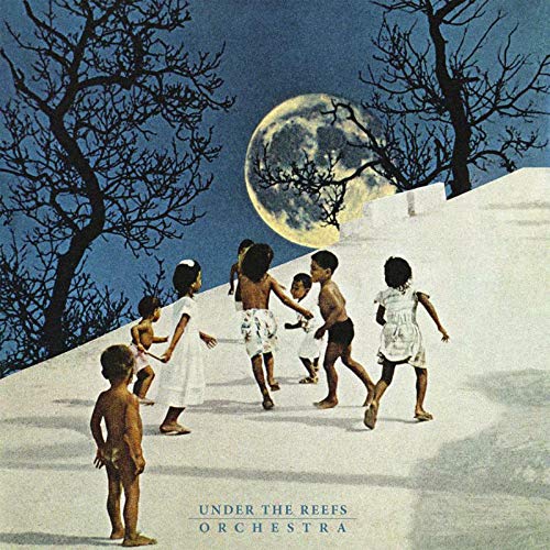 "Album cover art: children playing on a snowy hill under a full moon."
