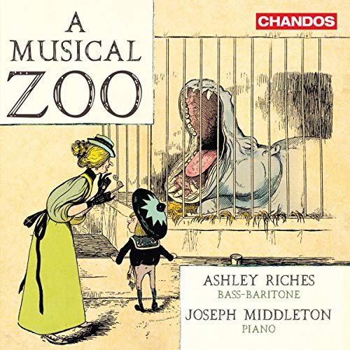 "A Musical Zoo" CD cover featuring a woman and child visiting a caged hippopotamus.