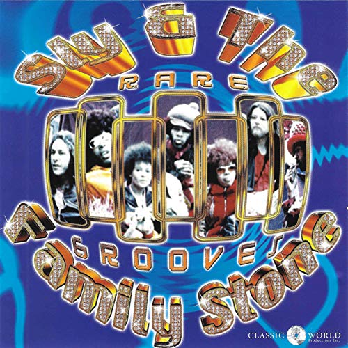 Sly & The Family Stone album cover with band members' photos and ornate text on blue background.