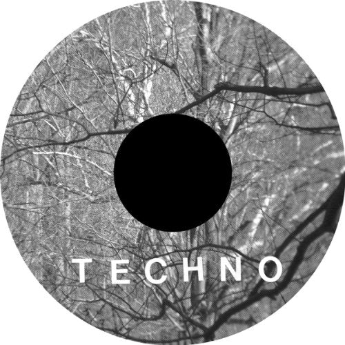 A vinyl record with a black center and "TECHNO" text on a grey, cracked background.