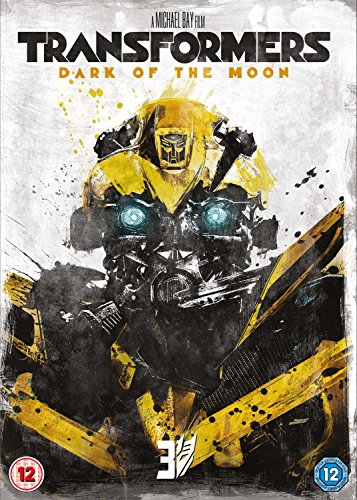 "Transformers Dark of the Moon DVD cover featuring damaged Bumblebee with glowing blue eyes."