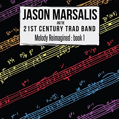"CD cover with black background, colorful sheet music, and white text box with artist information."