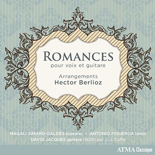 CD cover with ornate frame and text "ROMANCES pour voix et guitare" on pale green background.