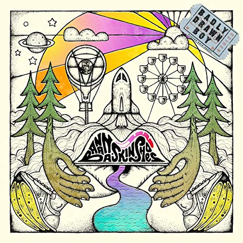 "Album cover art featuring hands holding banana skin shoes, fantastical landscape, and 'Badly Drawn Boy' label."