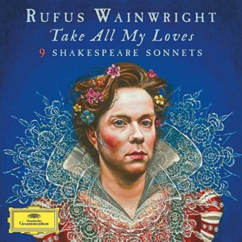 Album cover featuring Rufus Wainwright with flowers in hair against a blue background.