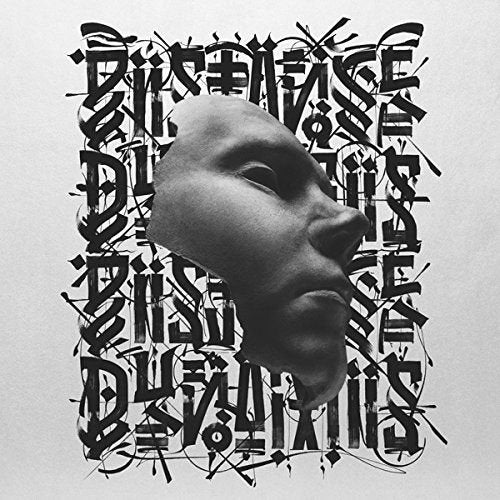 Black and white vinyl album cover featuring a face surrounded by abstract, black text.