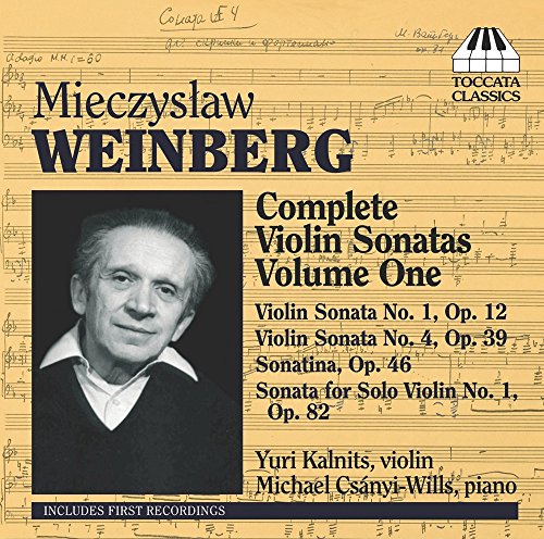 CD cover with Mieczyslaw Weinberg's photo and violin sonatas details on sheet music background.