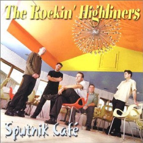 "CD cover featuring five men lounging in a cafe with colorful ceiling decoration."