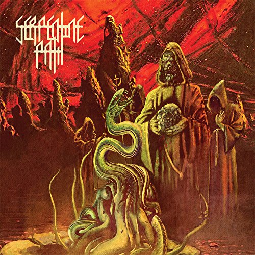 The image depicts a dark, eerie scene with robed figures and a snake-like entity. Here is a concise alt text: "Album cover art featuring hooded figures and a snake-like creature."