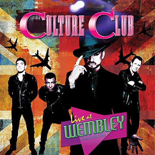 "Culture Club album cover featuring band members, Union Jack background, and 'Live at Wembley' text."