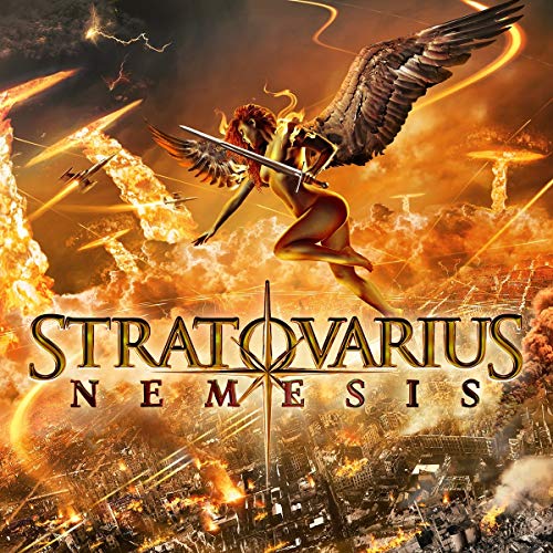 "Album cover art: winged woman with sword above a burning cityscape."