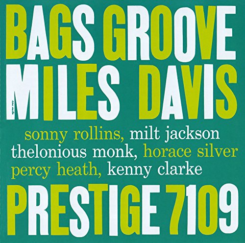 "Album cover for 'Bags' Groove' by Miles Davis, with teal background and white and yellow text."