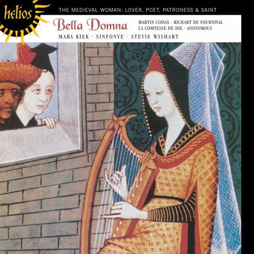 "CD cover featuring medieval woman playing harp, with couple in background."