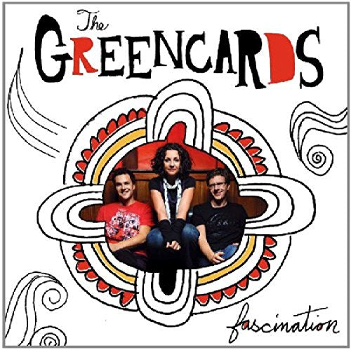 "Album cover with 'The Greencards' and 'Fascination' text, featuring three band members inside a design."