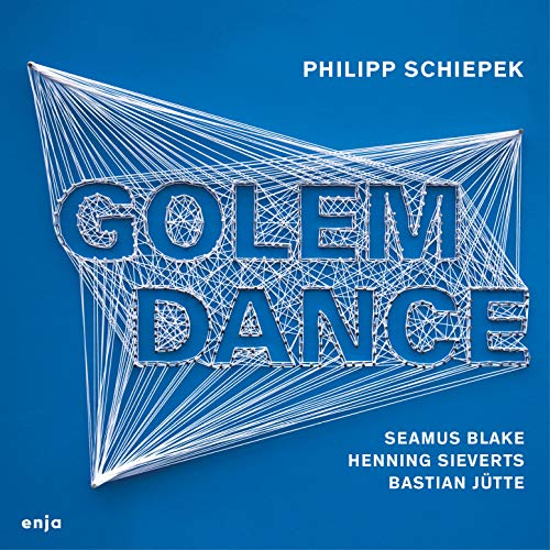 Blue album cover with "Golem Dance" in wireframe 3D text and artist names.