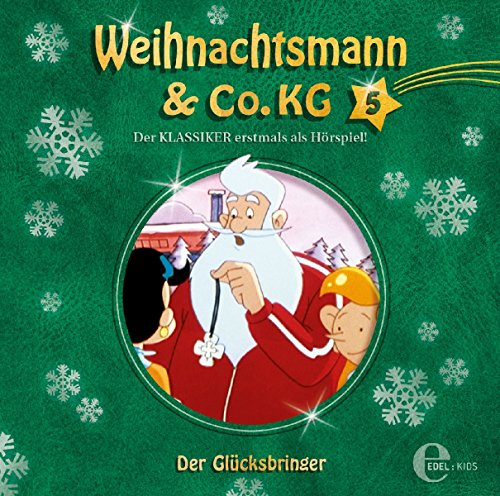 "Green audiobook cover featuring Santa Claus and a child, surrounded by snowflakes."