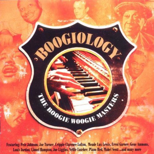 "CD cover with 'Boogiology' title, piano keys, and musicians' portraits in orange-toned background."