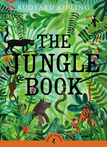 "The Jungle Book" book cover featuring jungle animals amidst lush green foliage and vibrant flowers.