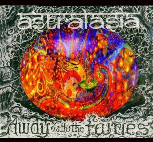 "Astralasia album cover with vibrant, abstract design and stylized text on a dark background."
