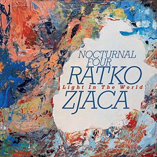 "Album cover with abstract multicolored background and blue and red text overlay."