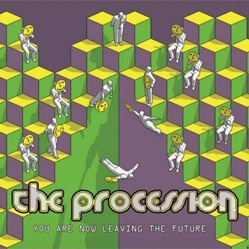 Album cover with figures on 3D cubes, text "the procession" and "you are now leaving the future".