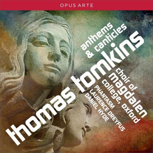 CD cover featuring a stone statue with text overlay, including "Thomas Tomkins" and "Anthems & Canticles".