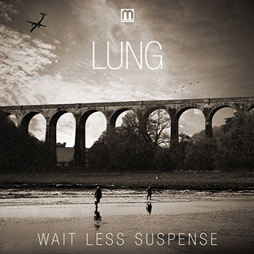 "Album cover art: monochromatic image of a viaduct and people on a beach."