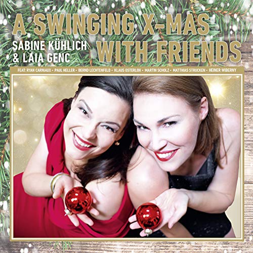 "CD cover with two smiling women holding Christmas ornaments, festive background and gold text."