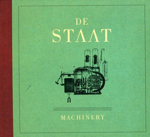 "Green album cover with 'De Staat Machinery' text and mechanical illustration, Amazon logo overlay."