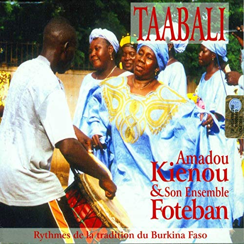 CD cover featuring a man drumming for women in traditional Burkinabe clothing.